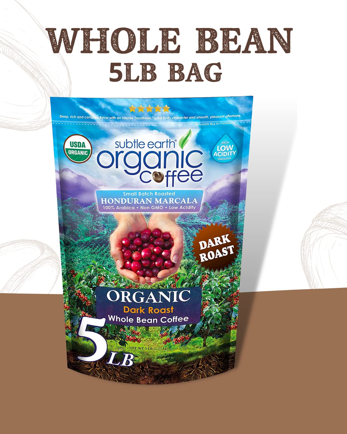 Organic, non-GMO, keto- and vegan-friendly, gluten- and nut-free Subtle Earth coffee.