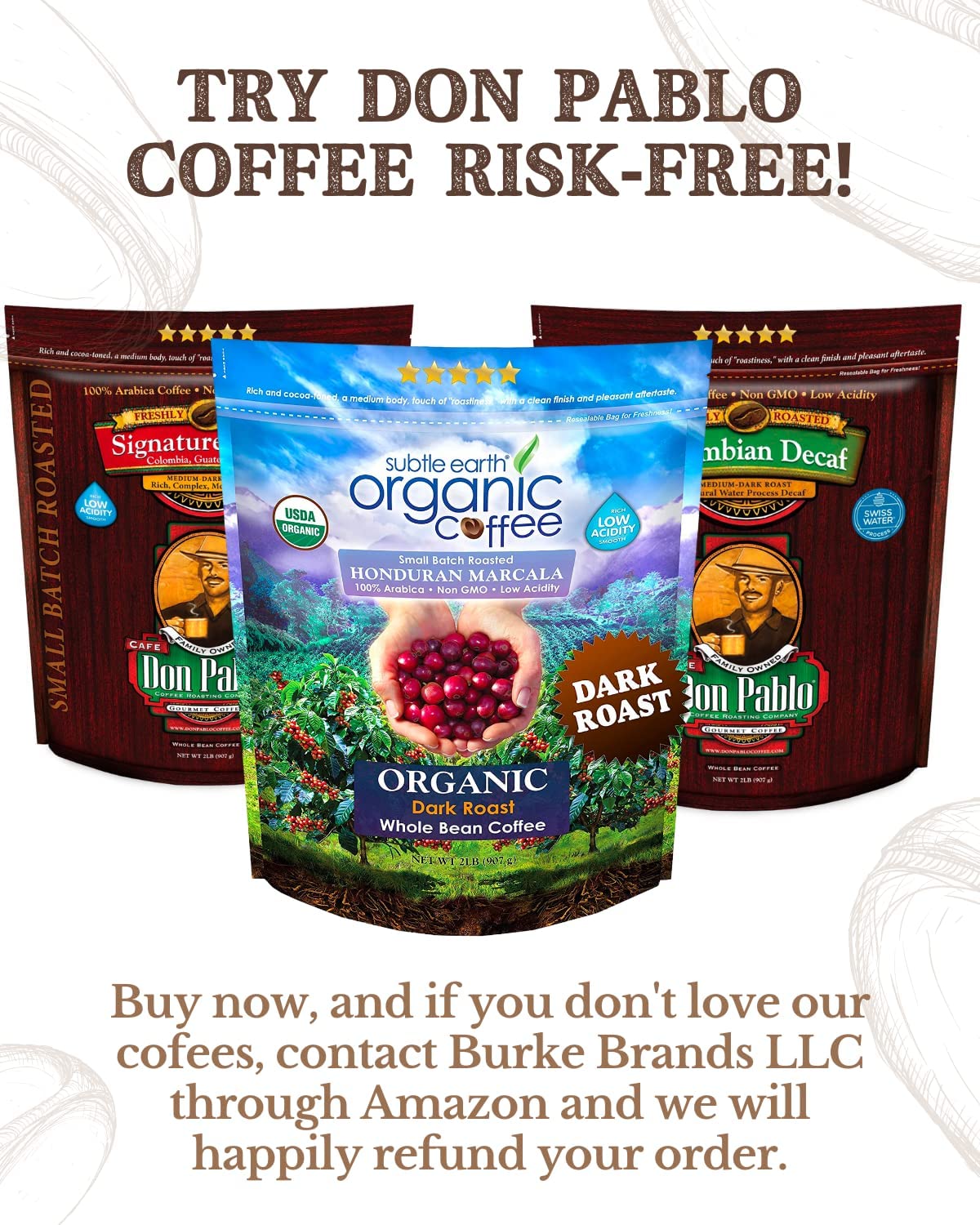 Origin label shows Honduran beans for Subtle Earth organic coffee
