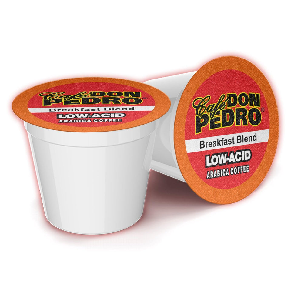 Cafe Don Pedro Breakfast Blend low acid K-Cups with smooth aroma, gentle on stomach.