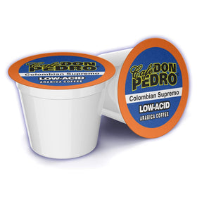 Cafe Don Pedro Colombian Supremo low acid K-Cup pack showing smooth flavor for casual mornings.