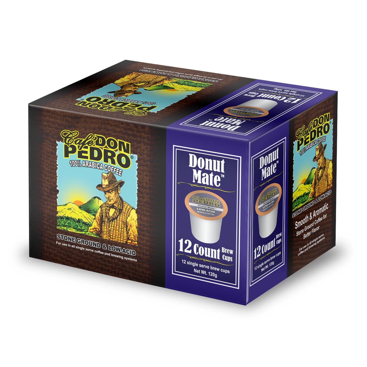 Cafe Don Pedro Donut Mate K-Cups closeup highlighting 100% Arabica smooth flavor.