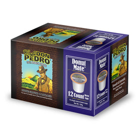 Cafe Don Pedro Donut Mate K-Cups closeup highlighting 100% Arabica smooth flavor.