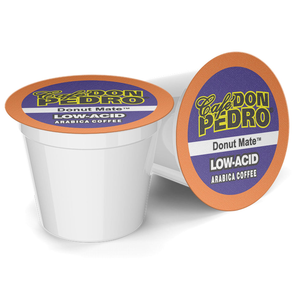 Cafe Don Pedro Donut Mate low-acid K-Cups pack shot showing a gentle morning routine.