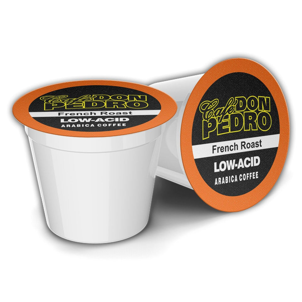 Cafe Don Pedro French Roast low acid pod, bold aroma and smoother finish.