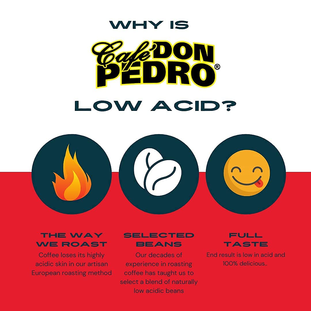 Cafe Don Pedro Arabica beans with mild acidity for a smoother sip.