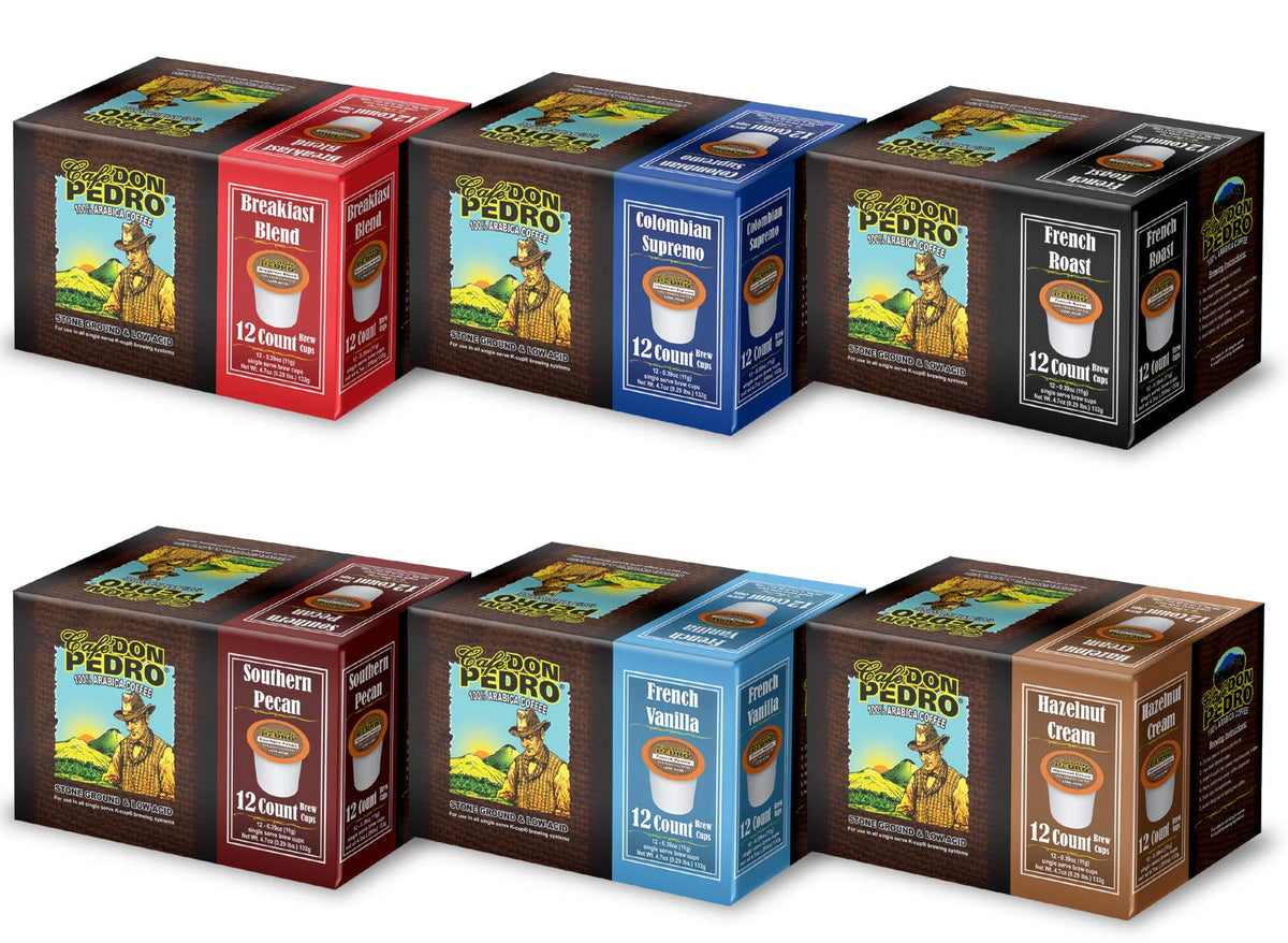 Cafe Don Pedro variety-pack pods shown for Keurig brewing with smooth flavor