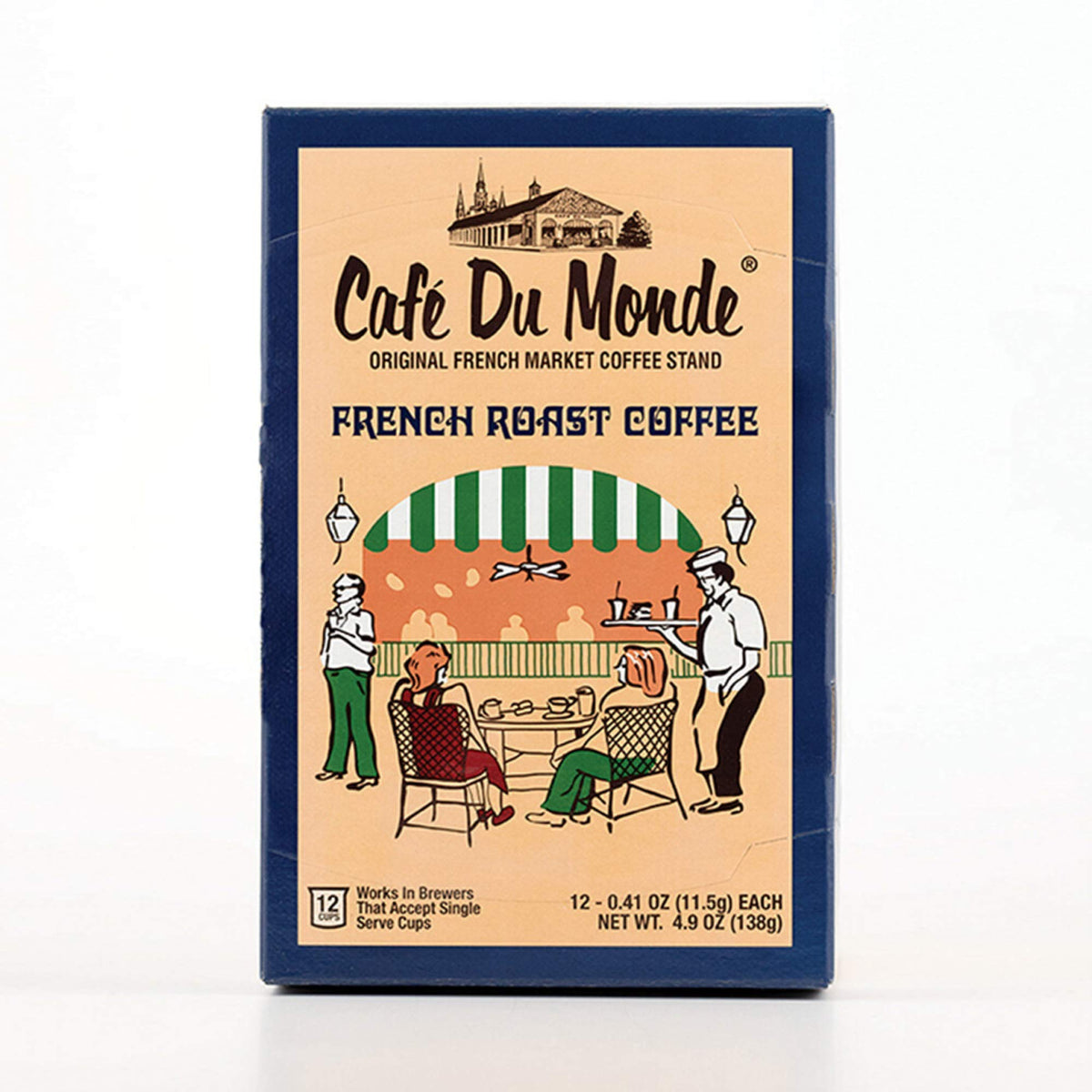 Cafe Du Monde French Roast pods on counter box for convenient Keurig brewing