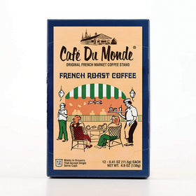 Cafe Du Monde French Roast pods on counter box for convenient Keurig brewing