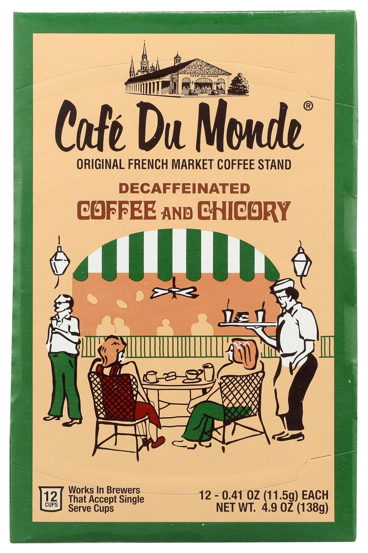Cafe Du Monde decaf coffee and chicory single-serve cup for a smooth New Orleans brew.