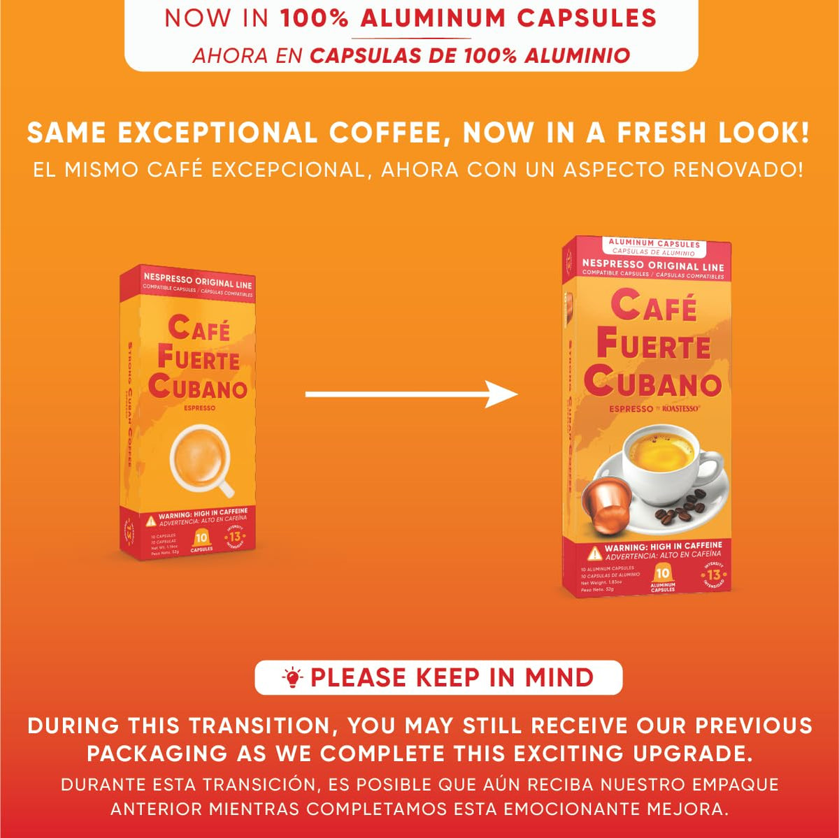 Café Fuerte Cubano aluminum capsule close-up emphasizing recyclable design for eco-friendly espresso