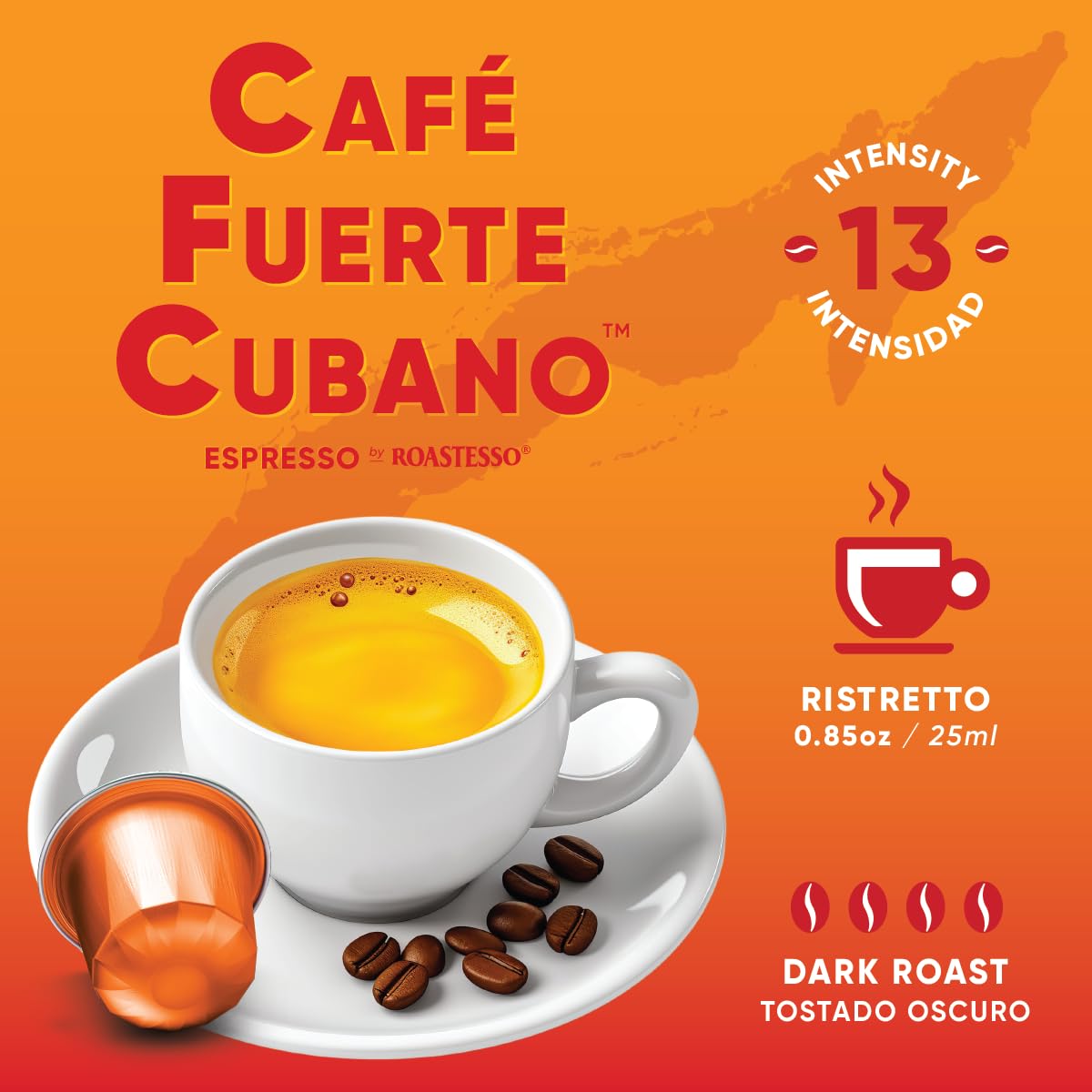 Café Fuerte Cubano espresso shot with rich crema and strong roast flavor