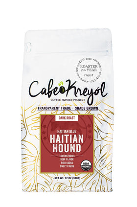 Cafe Kreyol Haitian Hound coffee beans in bag—organic, direct-trade quality for rich flavor.