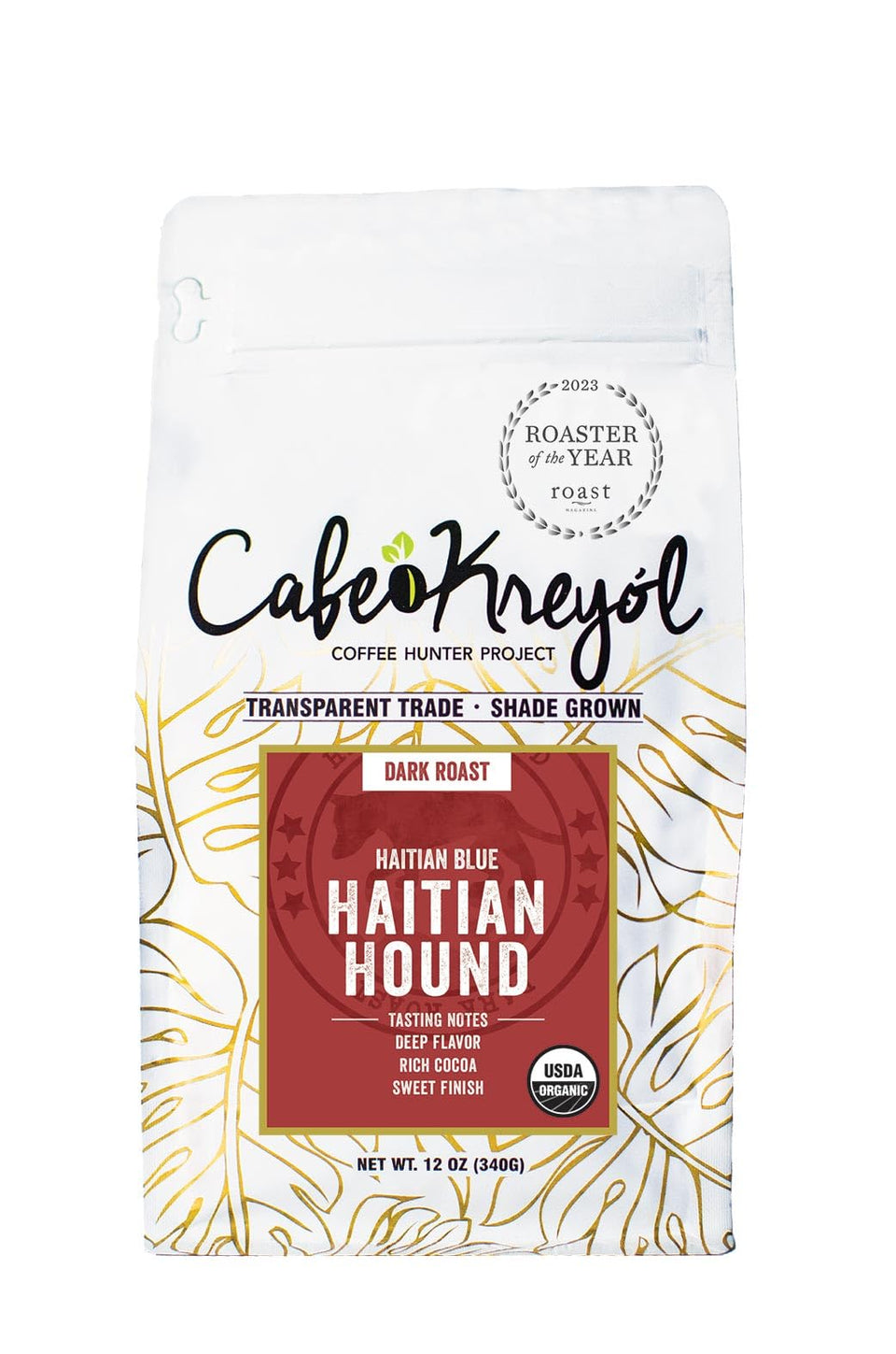 Cafe Kreyol Haitian Hound coffee beans in bag—organic, direct-trade quality for rich flavor.