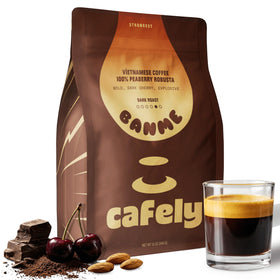 Cafely BanMe rare peaberry Robusta ground coffee in a bag ready for smooth brewing.