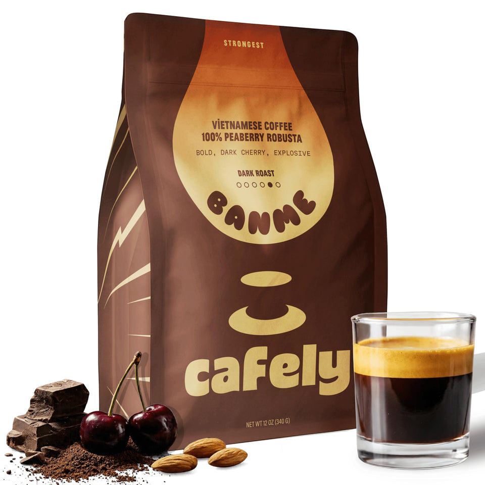 Cafely BanMe rare peaberry Robusta ground coffee in a bag ready for smooth brewing.
