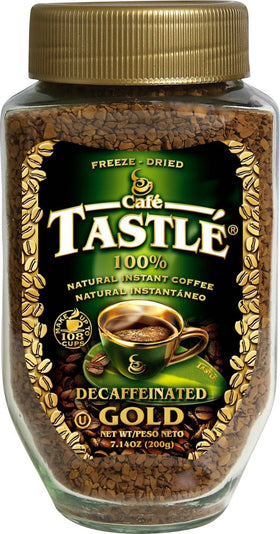 Cafe Tastlé decaf freeze-dried coffee jar showcasing rich aroma for everyday comfort.