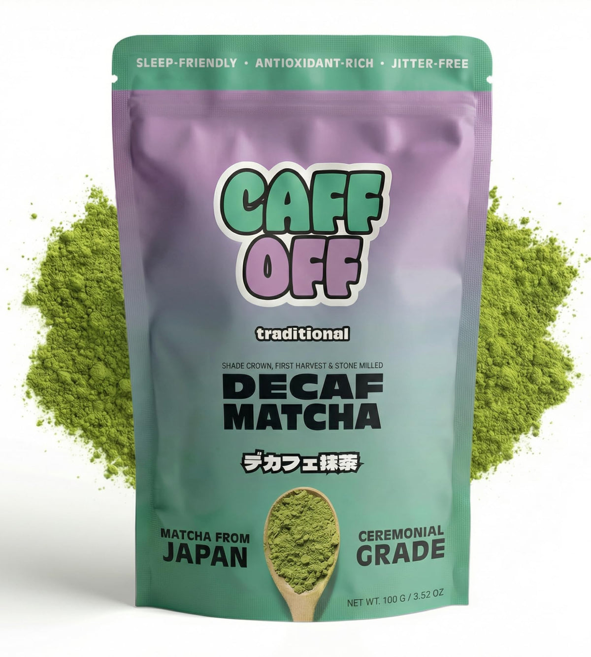 Caff Off ceremonial-grade decaf matcha in a 100 g jar, ideal for daily rituals.
