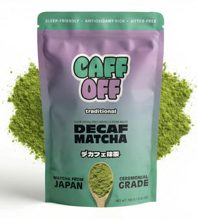 Caff Off ceremonial-grade decaf matcha in a 100 g jar, ideal for daily rituals.