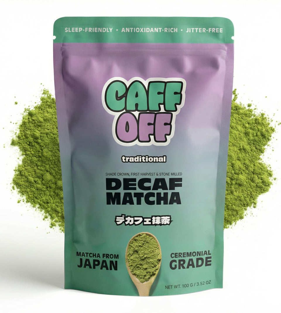 Caff Off ceremonial-grade decaf matcha in a 100 g jar, ideal for daily rituals.