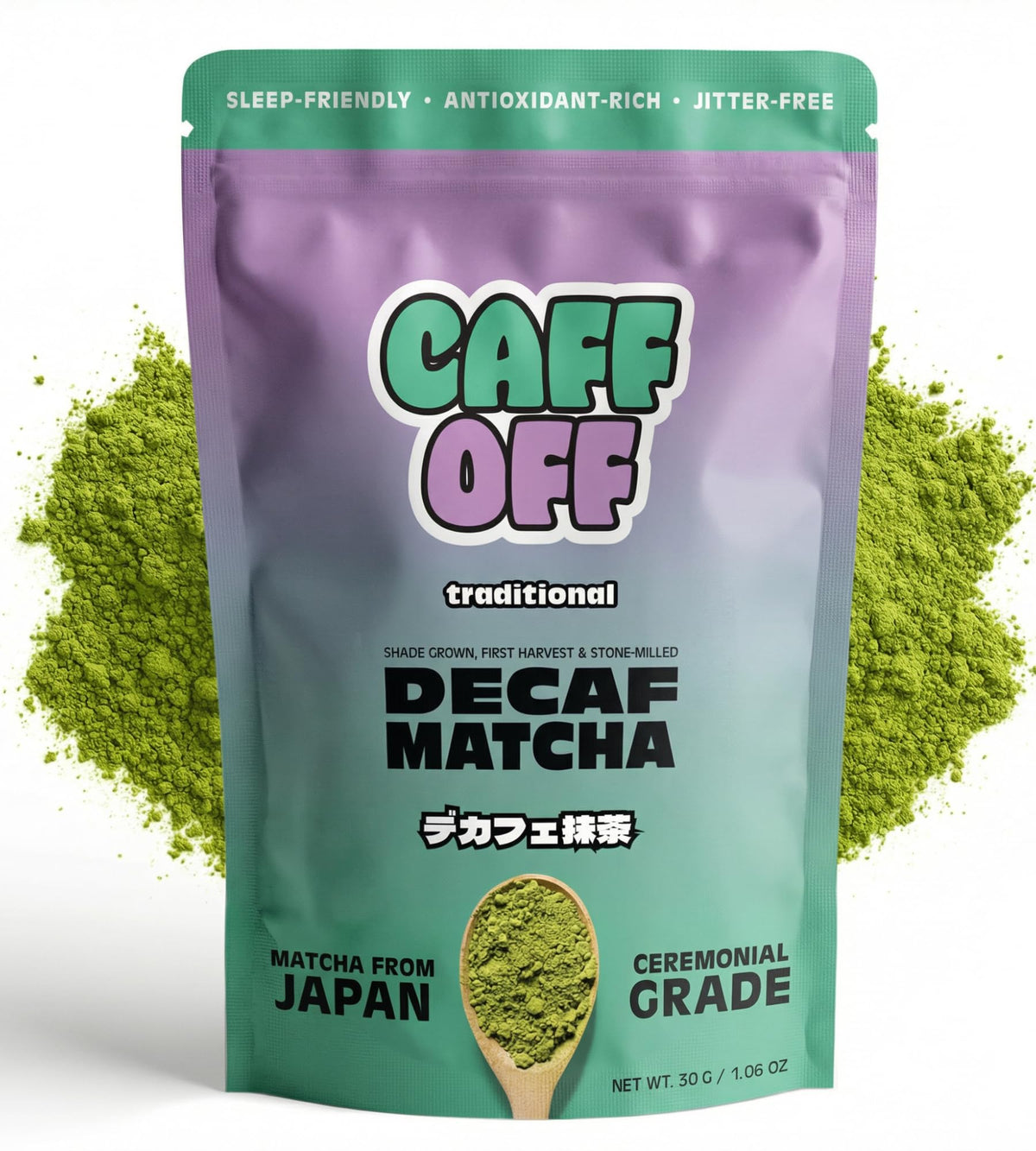 Caff Off decaf matcha powder in a bowl with whisk for a soothing ceremonial ritual.
