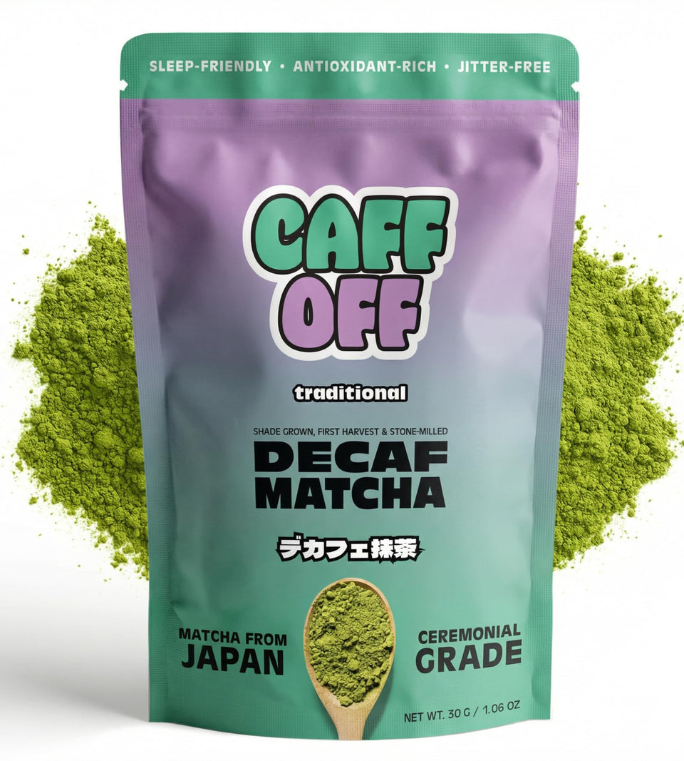 Caff Off decaf matcha powder in a bowl with whisk for a soothing ceremonial ritual.