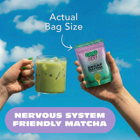 Caff Off decaf matcha powder closeup highlights fine texture and vibrant but toned color.