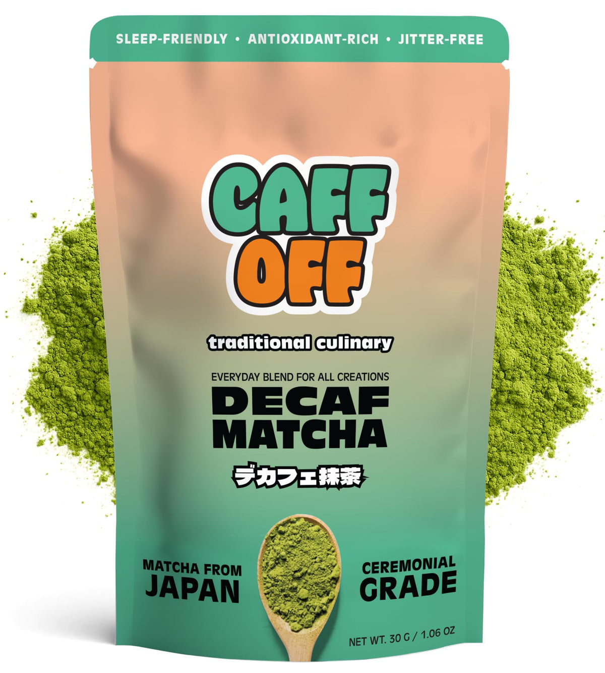 Caff Off decaf matcha powder in a jar, ideal for caffeine-free daily rituals.