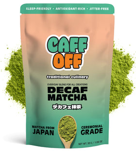 Caff Off decaf matcha powder in a jar, ideal for caffeine-free daily rituals.