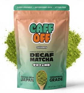 Caff Off decaf matcha tin with vibrant emerald powder for caffeine-free beverages