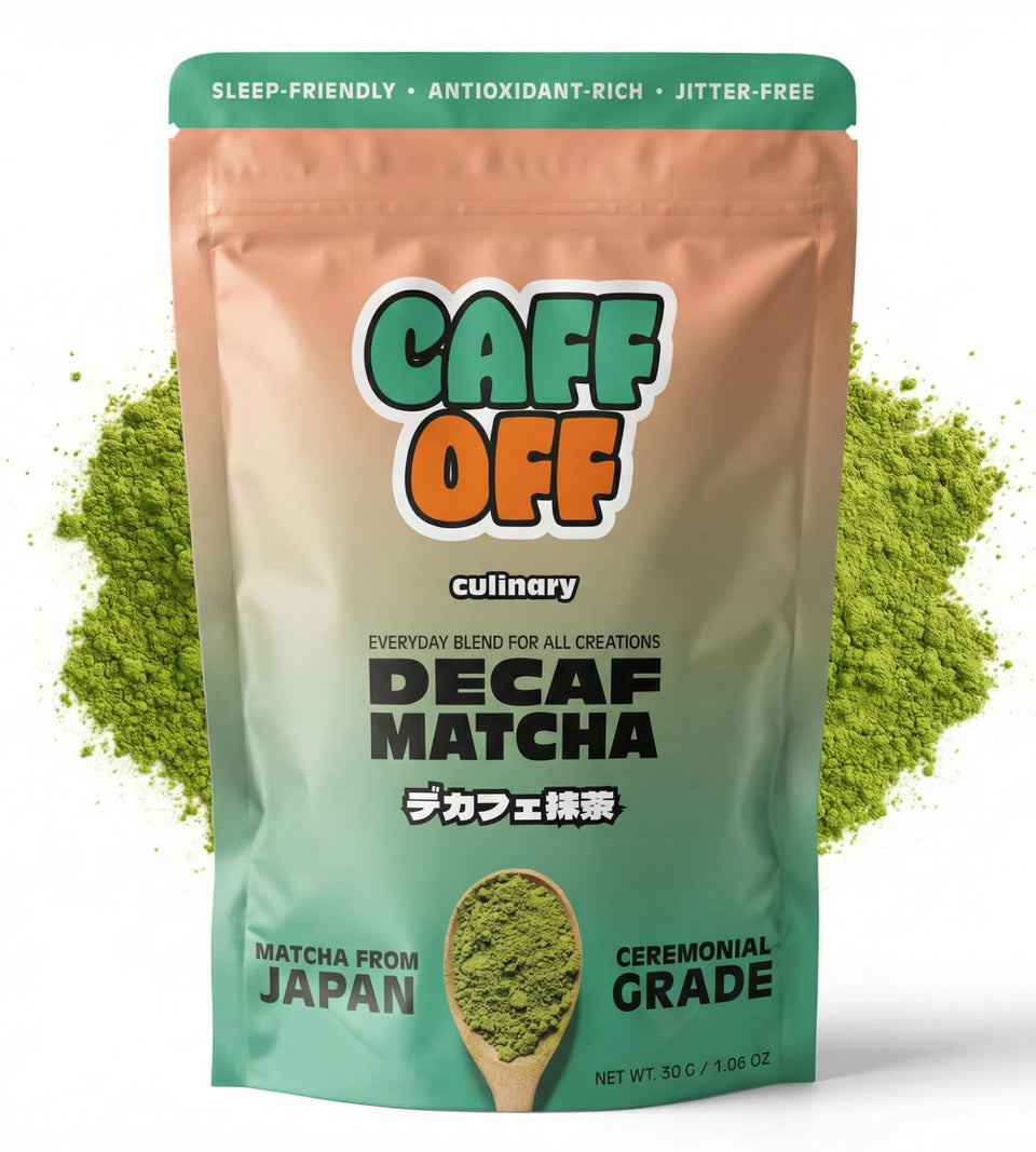 Caff Off decaf matcha tin with vibrant emerald powder for caffeine-free beverages