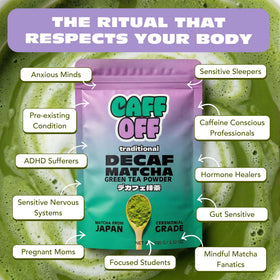 Caff Off matcha bowl with hot water creates a creamy, umami-rich foam.