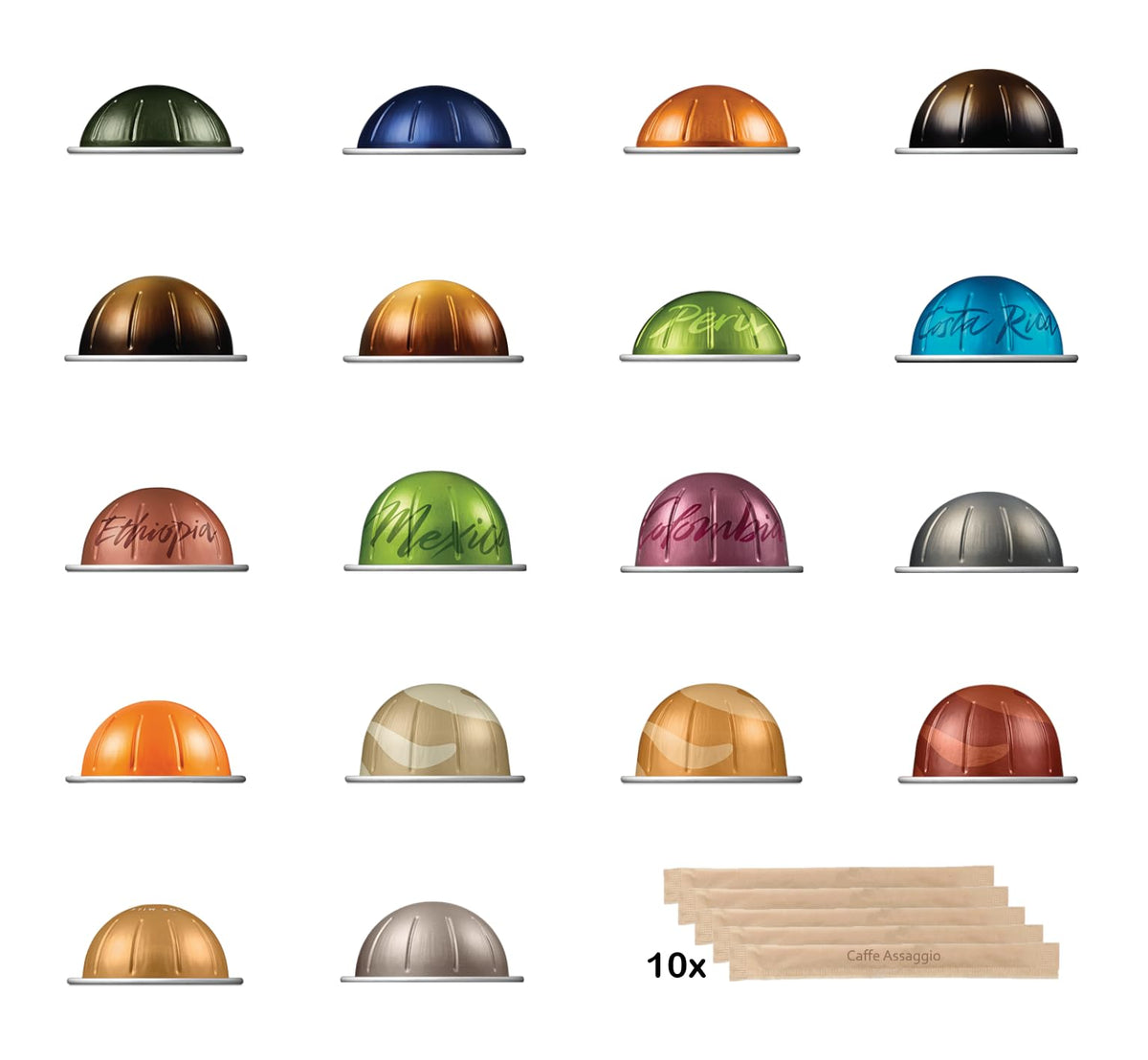 Caffe Assaggio 18-pod variety pack box front view, Vertuo-compatible capsules for tasting different roasts at home.