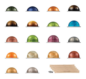 Caffe Assaggio 18-pod variety pack box front view, Vertuo-compatible capsules for tasting different roasts at home.