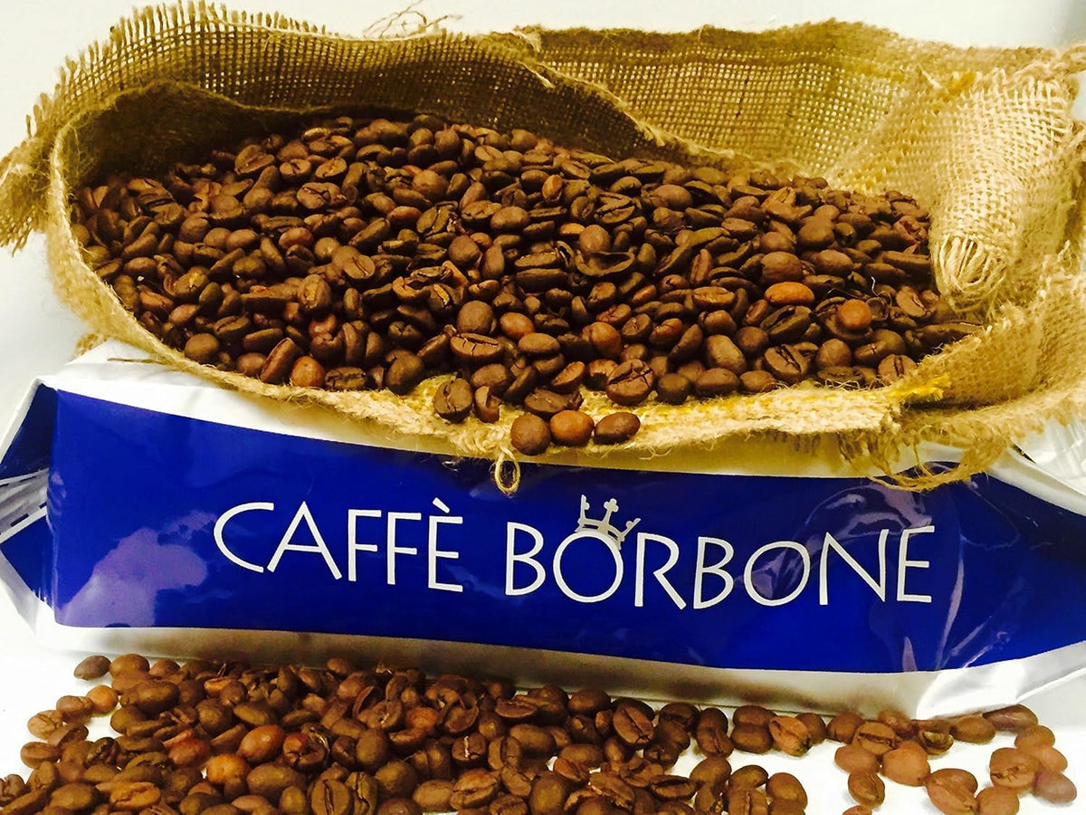 Caffe Borbone Blue Blend close-up beans, rich aroma ideal for daily espresso rituals.