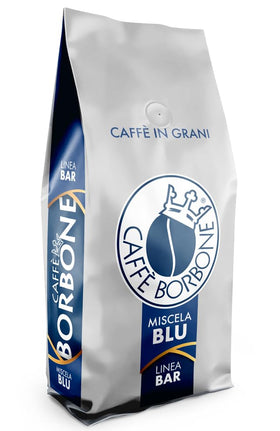 Caffe Borbone Blue Blend packaging on display, signaling premium beans for home baristas.