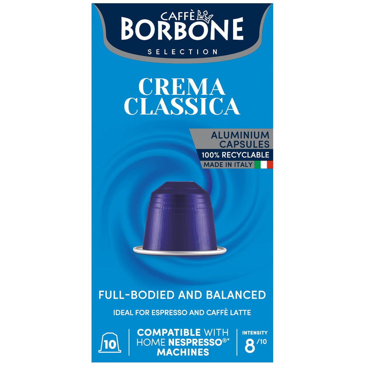 Caffè Borbone Crema Classica capsules packshot for Nespresso OriginalLine, rich crema