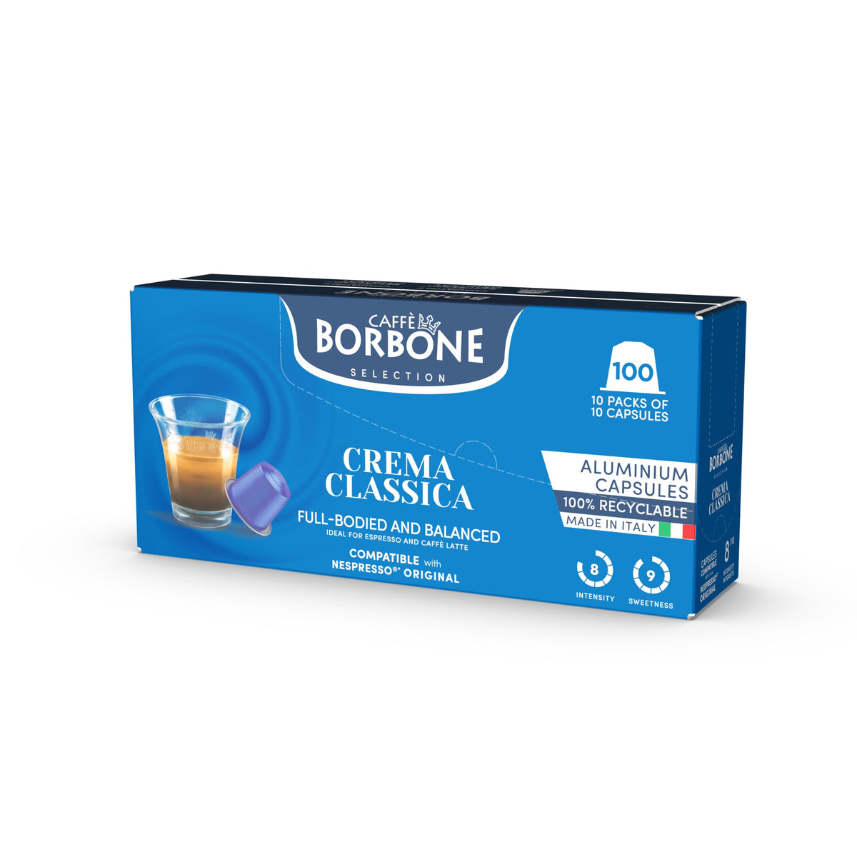 Caffè Borbone Crema Classica decaf option packaging for late-day enjoyment