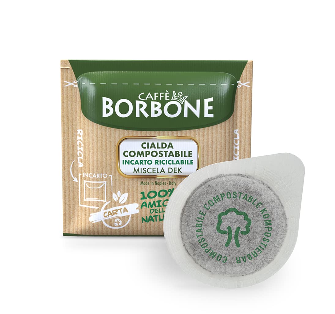 Caffè Borbone ESE green Dek pods packaging highlighting eco-friendly recyclable material.