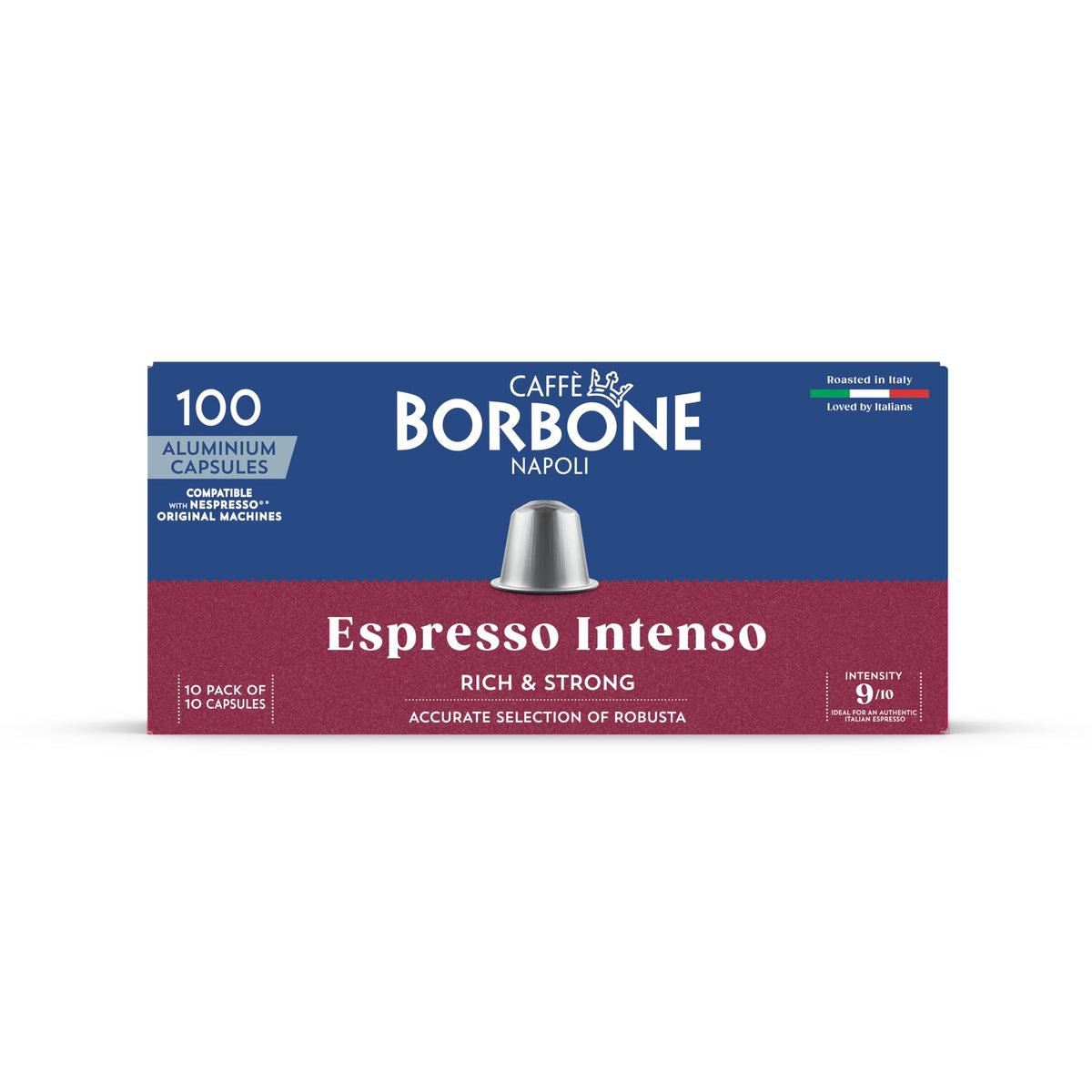 Caffè Borbone Espresso Intenso capsules packshot highlighting airtight packaging for fresh aroma.