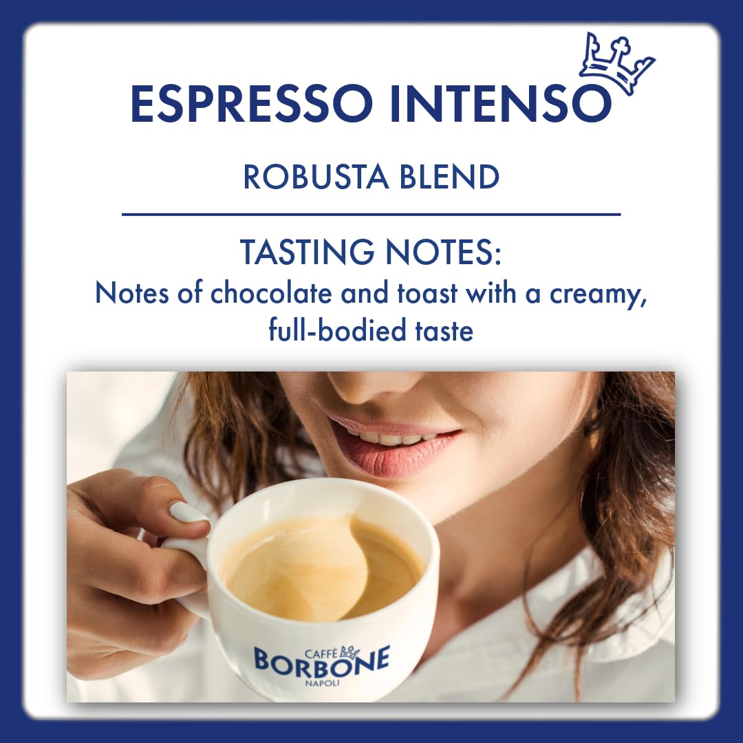Steaming cup of Caffe Borbone Intenso reveals chocolate notes and aroma.