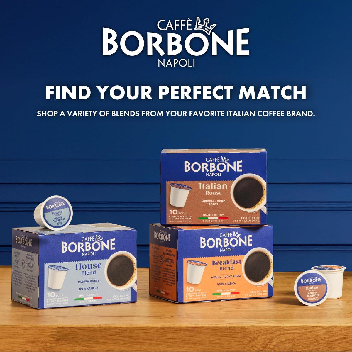 Caffè Borbone Italian Roast pod packaging front label detail.