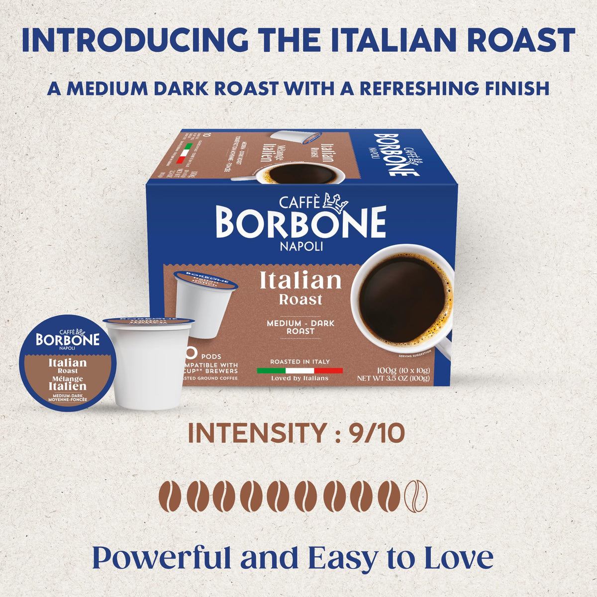 Caffè Borbone Italian Roast packaging design reflects authentic Italian espresso heritage.