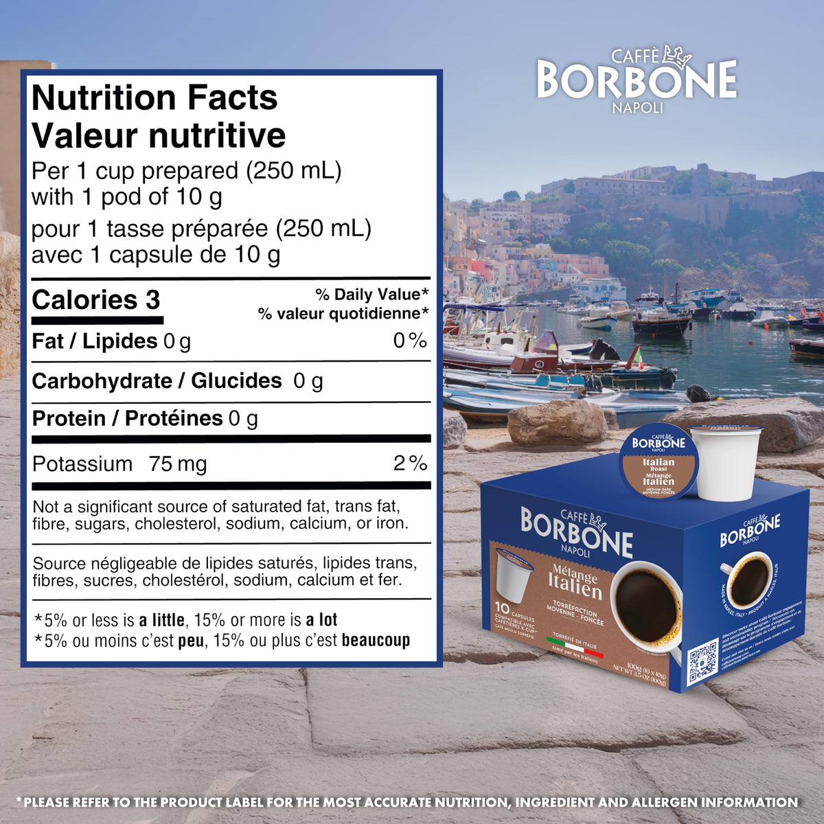 Caffè Borbone Italian Roast pod arrangement on kitchen shelf.