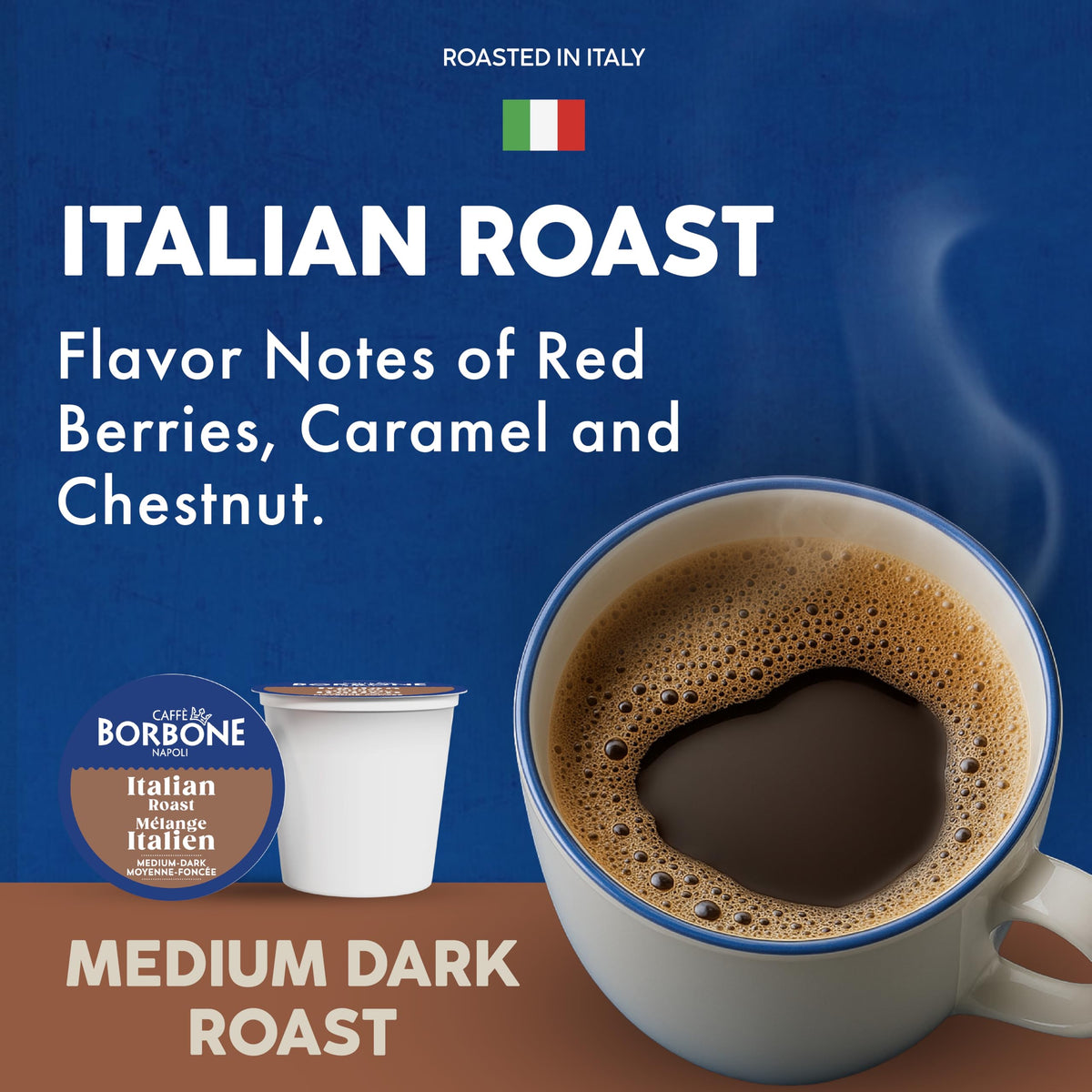 Caffè Borbone Italian Roast pod close-up showing roasted depth and aroma.