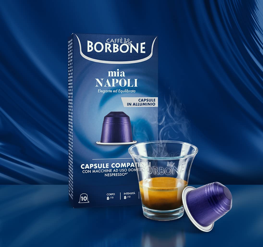 Caffè Borbone Mia Napoli aluminum capsules shown for OriginalLine compatibility with Nespresso machines