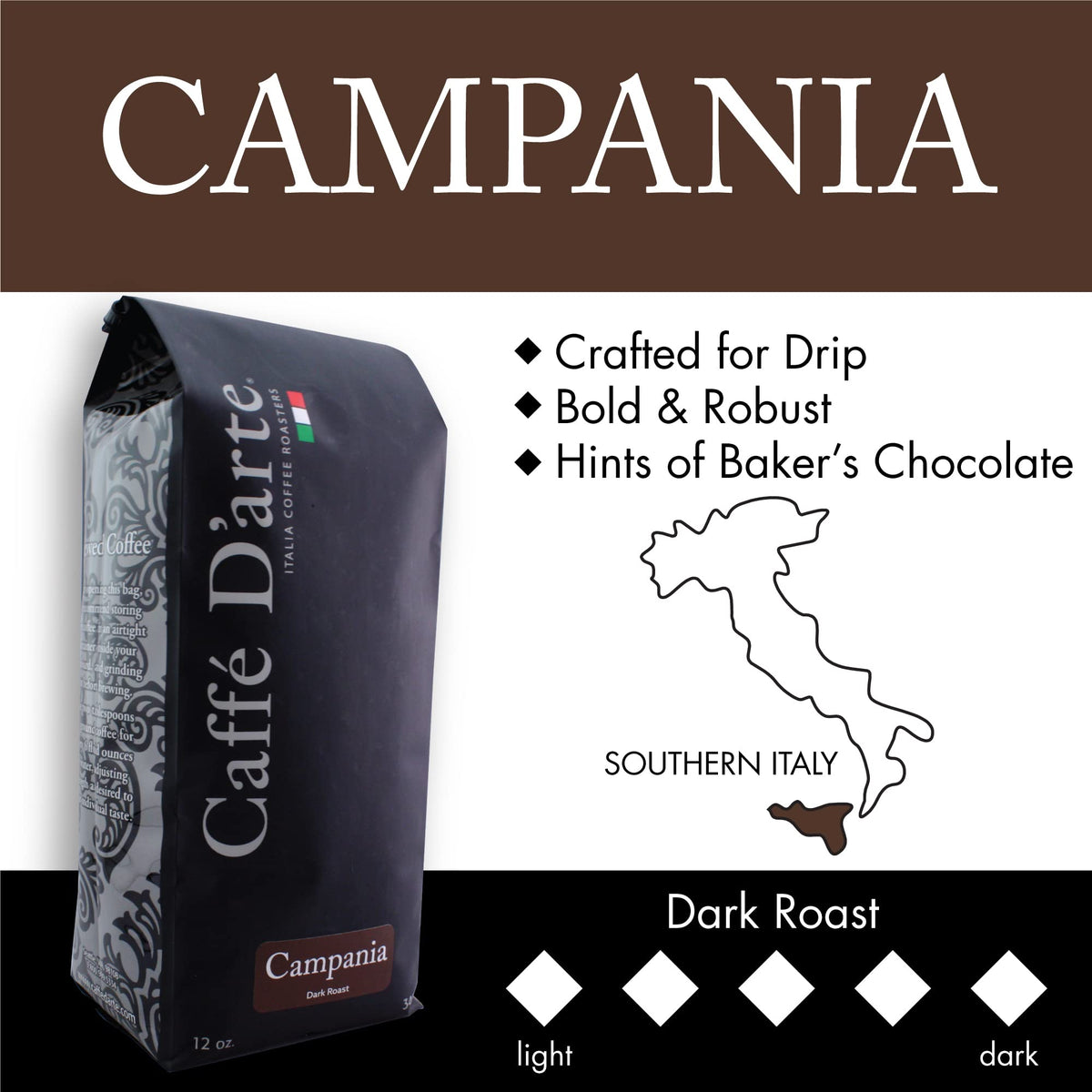 Caffe D'arte Campania dark roast label emphasizing full-bodied flavor and aroma.