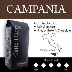 Caffe D'arte Campania dark roast label emphasizing full-bodied flavor and aroma.