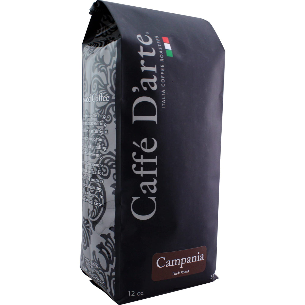 Caffe D'arte Campania ground coffee bag highlighting bold dark roast for rich mornings.