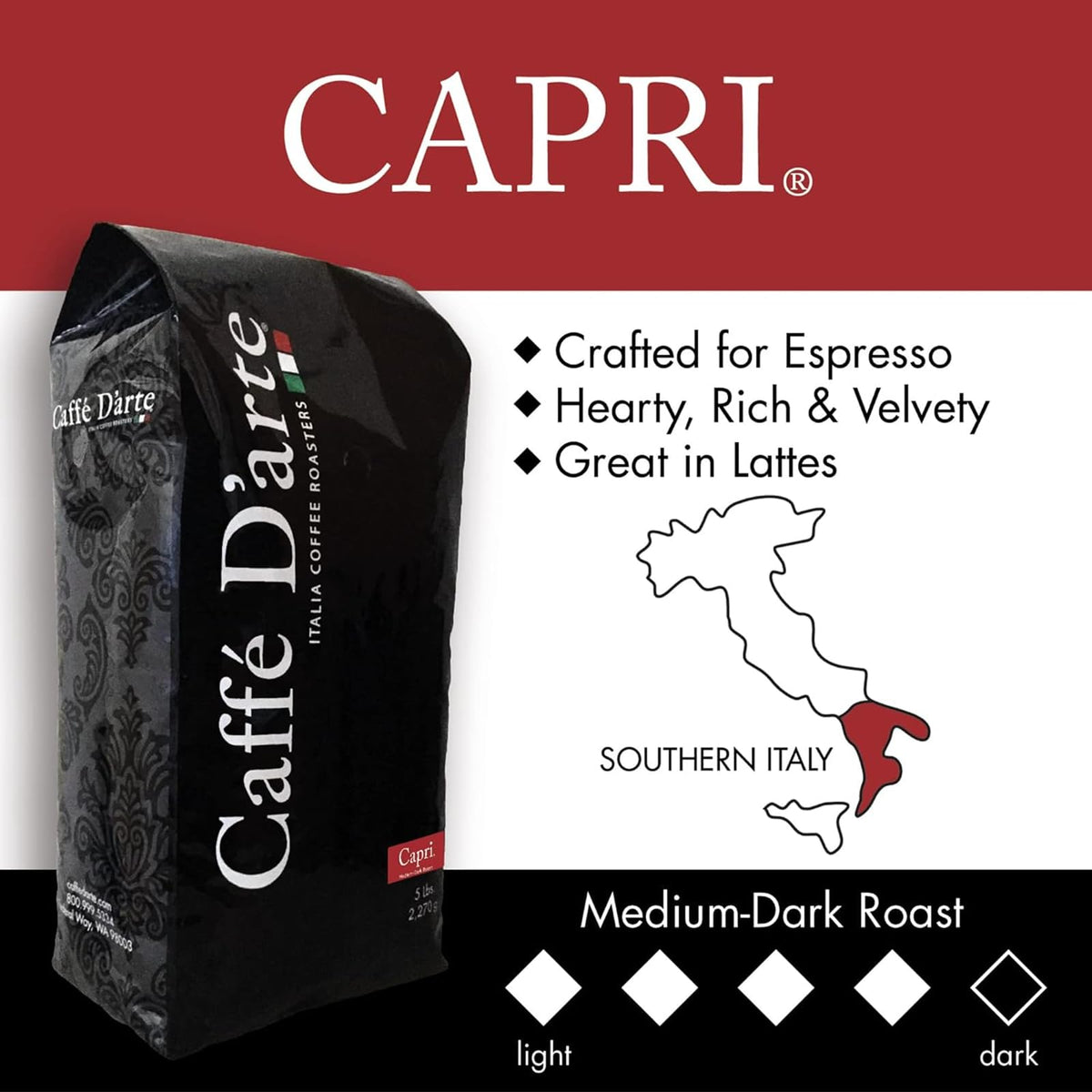 Caffe D’arte Capri freshly roasted in Seattle for bold flavor