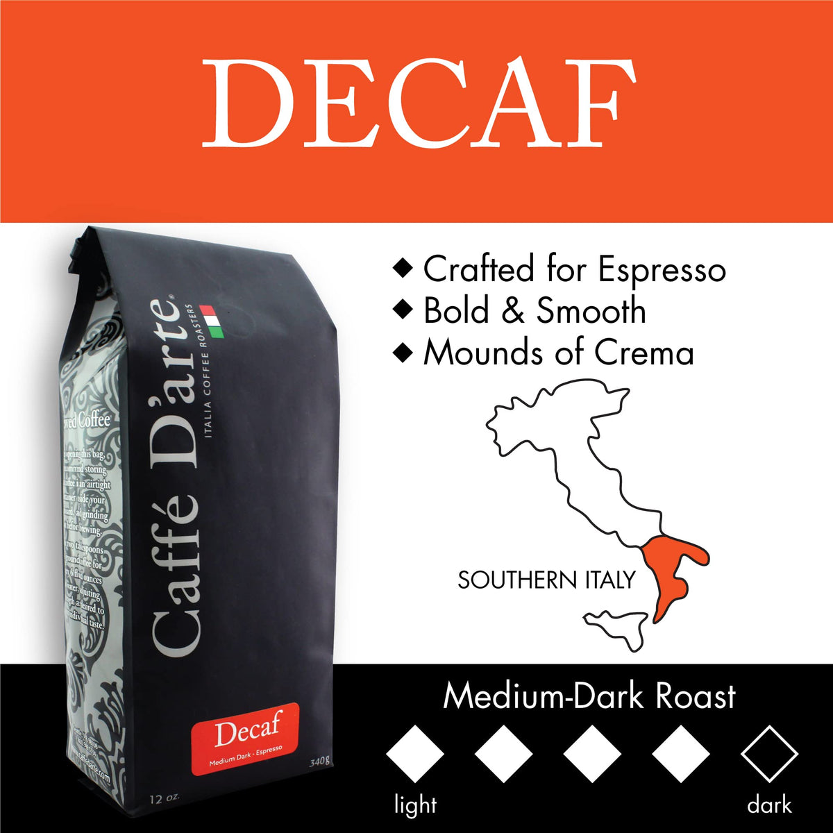 Caffe D'arte decaf espresso coffee ground for espresso machine delivers convenient brewing.